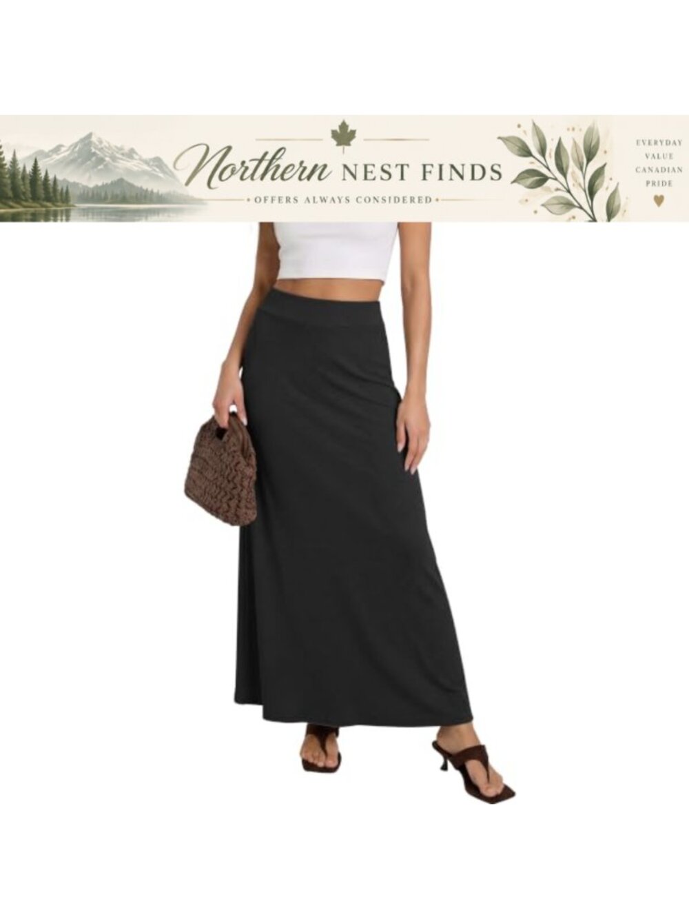 High Waisted Elastic Waist A-Line Long Maxi Skirt with Slit Below Knee